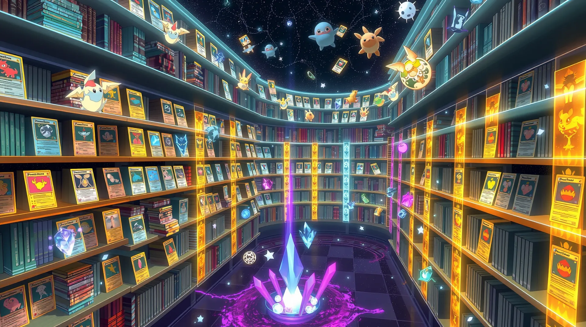 A vast digital library with floating Pokémon cards organized by elemental types with magical search crystals