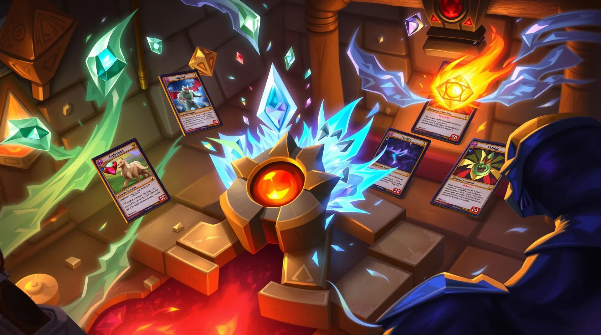 A mystical forge where Pokémon cards are being crafted into decks with energy crystals and strategy gems