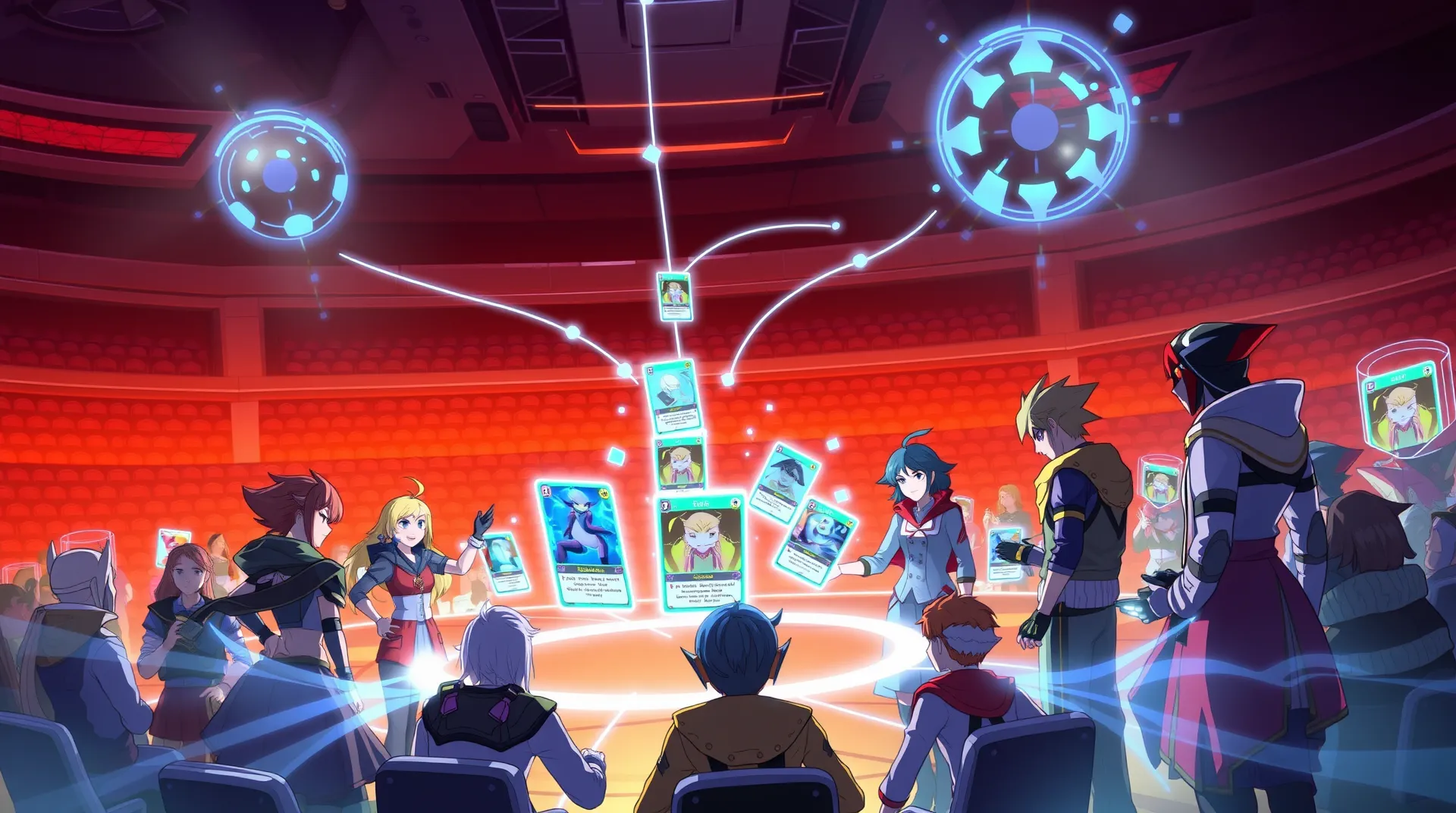 Trainers gathering in a futuristic arena sharing strategies with holographic card projections floating between them