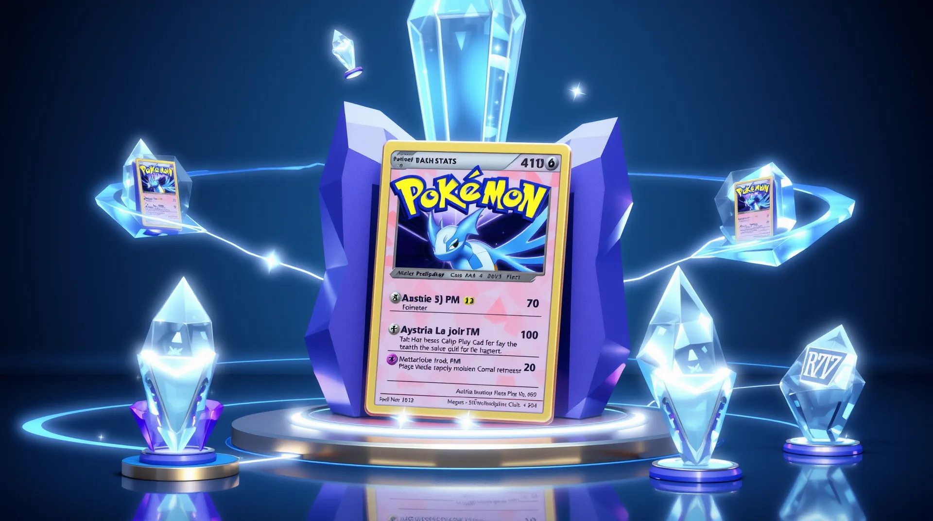 A futuristic crystal database with Pokémon cards emerging from data streams and holographic information displays