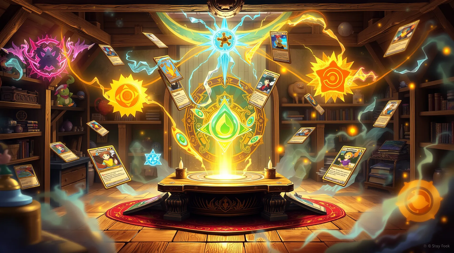 A mystical workshop where Pokémon cards assemble into decks with energy symbols and strategy paths weaving between them