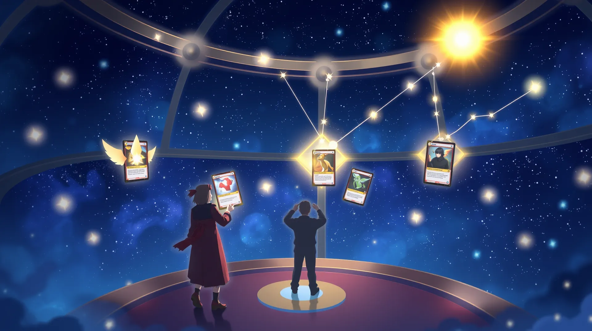 A celestial trading post where deck strategies form constellations and trainers connect through card portals